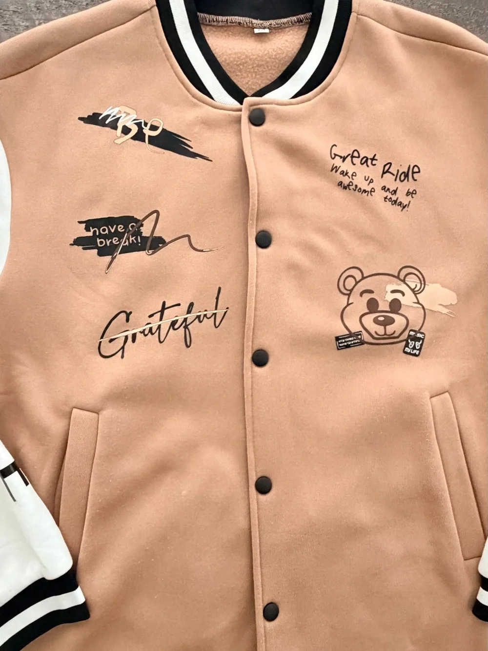 Men's Tan and White Graphic Varsity Jacket - Size M